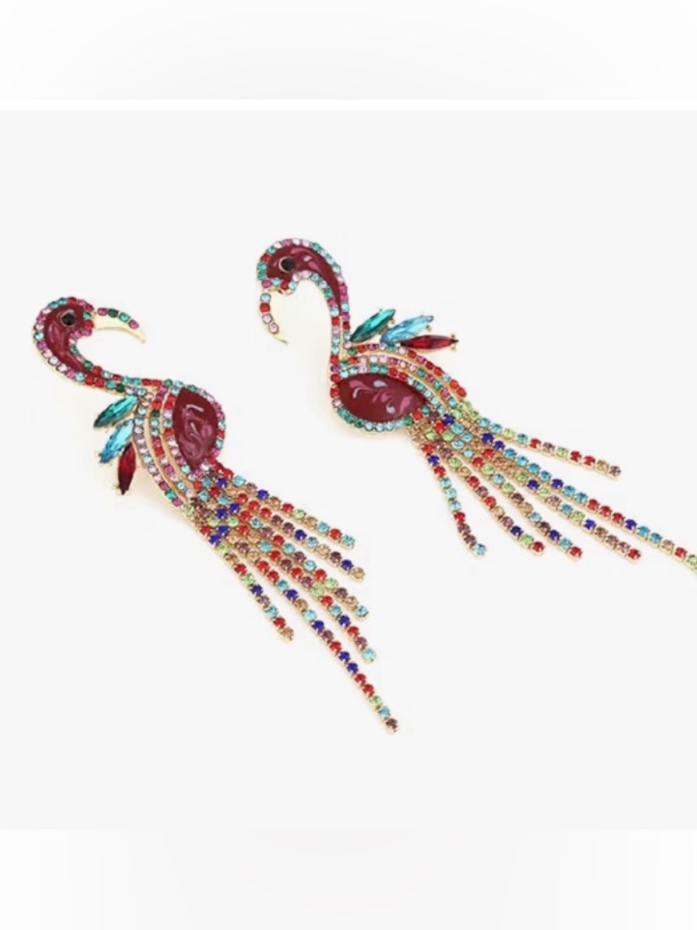 New Natasha Colorful Flamingo Drop Earrings - Red Multi-Color Crystal Fringe - Picture 7 of 14